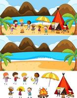 set van verschillende horizontale strandtaferelen met doodle kinderen stripfiguur vector