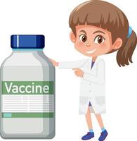 stripfiguur van een arts die een covid-19-vaccinfles houdt vector