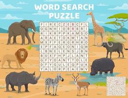 woord zoeken puzzel met tekenfilm Afrikaanse dieren vector