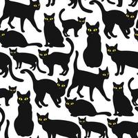 naadloos patroon met een halloween zwart kat met geel ogen. een vlak tekenfilm kat is zitten, staan. een boos, ontevreden, fronsen dier. kleur vector illustratie Aan een wit achtergrond