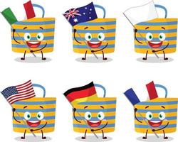 strand zak tekenfilm karakter brengen de vlaggen van divers landen vector
