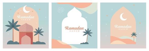 Ramadan kareem reeks van Sjablonen. ontwerp modern kunst stijl met pastel kleuren. modern mooi ontwerp met moskee, halve maan maan, sterren in de lucht, gebogen ramen. affiches, dekt, kaarten, spandoek. vector