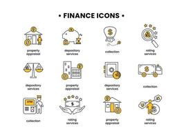 financiën. vector illustratie reeks van pictogrammen bewaarplaats Diensten, eigendom waardering, beoordeling Diensten, verzameling.