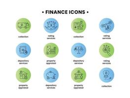 financiën. vector illustratie reeks van pictogrammen bewaarplaats Diensten, eigendom waardering, beoordeling Diensten, verzameling.