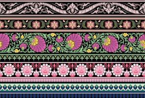 reeks etnisch naadloos borders en bloem ornament, motief trekt werken illustratie bloemen en ornament motief Indië ontwerp elementen halslijn patroon of, herhaling de bloemen structuur vector