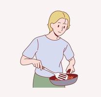een meisje kookt met een koekenpan. vector