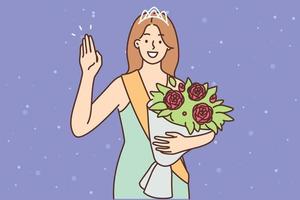 vrouw schoonheid koningin met geschenk boeket van bloemen golvend hand- bedankt rechter en publiek voor stemmen en winnend voordracht. meisje is schoonheid optocht koningin en professioneel model- wie won televisie tonen vector