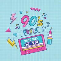 90s partij spandoek. retro muziek- poster, 90s plakband cassette, lippenstift in funky kleurrijk ontwerp. Memphis muziek- feesten, disco hits reclame, audio poster. vector illustratie