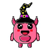 pixel kunst schattig mascotte monster vervelend een heks hoed en draag- een magie toverstaf kawaii vector