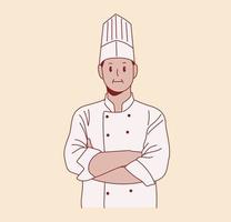 poseert een mannelijke chef met vertrouwen. hand getrokken stijl vector ontwerp illustratie.