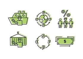 financiën pictogrammen. financieel Diensten pictogrammen set. pictogrammen douane makelaar, valuta aandelenbeurs. een silhouet van een Mens in de het formulier van een douane makelaar met een document in hand- in de buurt een lading houder Aan een haak vector