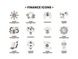 financiën pictogrammen set. vector illustratie van Bedrijfsmiddel beheer, onderneming hoofdstad, verzekering, rijkdom beheer pictogrammen.