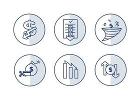 financiën pictogrammen set. vector illustratie van devaluatie, standaard. de dollar icoon Aan welke de naar beneden pijl. dollar icoon in een ronde kader, Aan de zijden van welke Daar zijn omhoog en naar beneden pijlen.