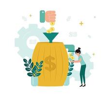 financiën. financieel tussenpersonen. een hand- gooit munten in een vat door een koker, van een vat een tik, van welke geld is gegoten in een vrouw handen. vector illustratie