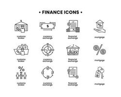 financiën pictogrammen set. vector illustratie van douane makelaar, hypotheek, financieel aandelenbeurs, valuta uitwisseling pictogrammen