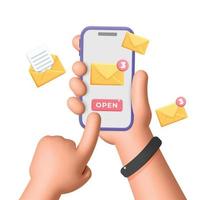 3d vector hand- Holding mobiel smartphone met nieuw inkomend e-mail Aan mobiel app onderhoud mockup sjabloon ontwerp