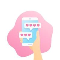 online dating-app en chat, smartphone in de hand, vector