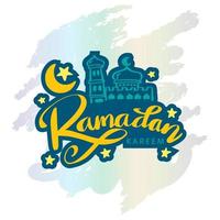 Ramadan kareem hand- getrokken belettering met moskee. vector