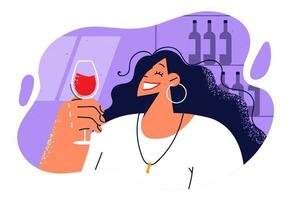 tevreden vrouw degusteren rood wijn van glas gedurende datum Bij restaurant of vakantie feest. mooi meisje is betrokken in wijn degusteren werkwijze, wensen naar worden sommelier of werk in wijnmakerij vector