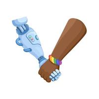 hand- slijtage lgbt armband houdt en handdruk met cyborg hand. robot en menselijk vredig symbool tekenfilm illustratie vector