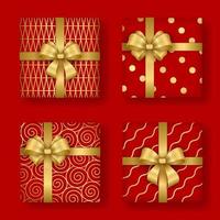 Kerstmis en nieuw jaar decoratie. reeks van rood geschenk dozen met goud ornamenten en boog. 3d realistisch. vector