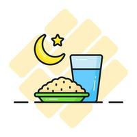 rijst- kom met water glas en halve maan maan vector van iftar icoon
