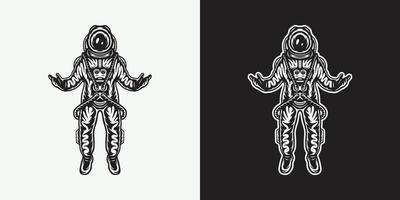 wijnoogst retro astronaut. kan worden gebruikt voor logo, insigne, label. markering, poster of afdrukken. monochroom grafisch kunst. vector illustratie. houtsnede lincut oud stilering.