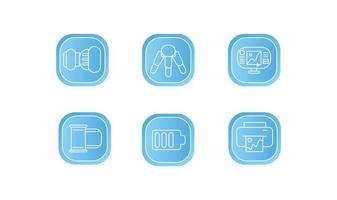 pictogrammen fotograaf. fotograaf uitrusting pictogrammen reeks Aan een blauw achtergrond. lens, statief, monitor, film, accu, printer vector