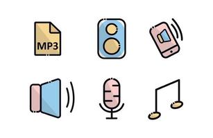 muziek, pictogrammen, icoon set. muziek, musical apparatuur, mp3, spreker, telefoon, smartphone vector