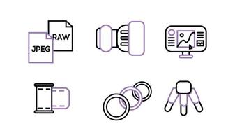 pictogrammen fotograaf. fotograaf uitrusting pictogrammen reeks met Purper kleur. foto papier, formaat, lens, monitor, film, ringvormig lamp, statief vector