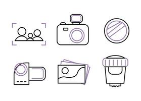 fotografie pictogrammen. reeks van gekleurde pictogrammen voor de fotograaf. pictogrammen camera, camera, lens, lens, fotograaf, focus met silhouetten, met Purper kleur vector