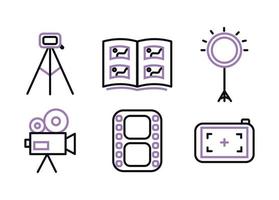 fotograaf icoon reeks met paars kleur. fotograaf uitrusting pictogrammen. statief, foto album, ring lamp, camera, film, focus vector