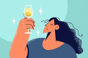 gelukkig vrouw houden glas met verkoudheid cocktail. glimlachen meisje kijken Bij koolzuurhoudend fruit alcoholisch drinken of drank. viering. vector illustratie.