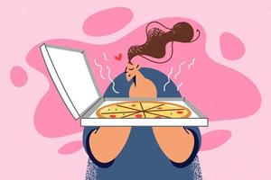 gelukkig vrouw geur smakelijk pizza in doos. glimlachen meisje opgewonden over vers Italiaans snel voedsel van afhalen. maaltijd levering concept. vector illustratie.