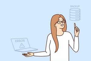 vrouw het specialist wil naar herstellen verloren bestanden van backup na laptop Botsing of server mislukking. meisje systeem beheerder maakt backup belangrijk informatie vector