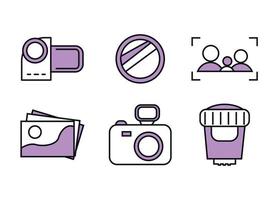 fotografie pictogrammen. reeks van gekleurde pictogrammen voor de fotograaf. pictogrammen camera, camera, lens, lens, fotograaf, focus met silhouetten, met Purper kleur vector