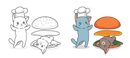 chef-kok kat en kat hamburger cartoon kleurplaat voor kinderen vector