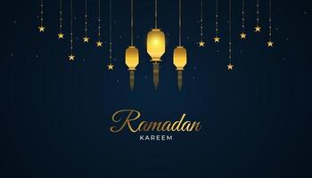 ramadan kareem banner of wenskaart met gouden Arabische lantaarns en hangende sterren op donkere achtergrond. islamitische achtergrond met luxe decoraties vector