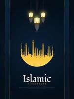 islamitische achtergrond met gouden Arabische lantaarns en moskee op blauw papier gesneden achtergrond voor ramadan of eid wenskaart, spandoek of poster vector