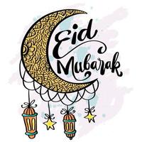 eid mubarak, hand- belettering met maan decoratie en lantaarn. vector