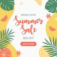 zomer uitverkoop banier, helder kleuren, palm bladeren, 50 procent korting, citroen en oranje, vector illustratie