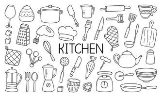keuken gereedschap tekening set. Koken werktuig in schetsen stijl. hand- getrokken vector illustratie geïsoleerd Aan wit achtergrond