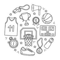 basketbal tekening set. basketbal mand, sport dragen, bal, winnaar beker, medaille in schetsen stijl. hand- getrokken vector illustratie geïsoleerd Aan wit achtergrond