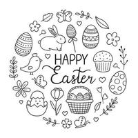 gelukkig Pasen tekening set. Pasen konijn, vlinders, kuiken, eieren, takken, bloemen in schetsen stijl. vector illustratie geïsoleerd Aan wit achtergrond.