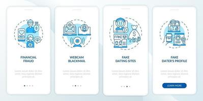 online dating risico's website onboarding mobiele app pagina scherm met concepten. vector