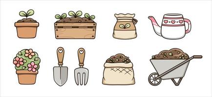 tuinieren clip art set. ingemaakt planten, tuin items en aanplant hulpmiddelen. schattig voorjaar zomer digitaal stickers tekenfilm illustratie. vector