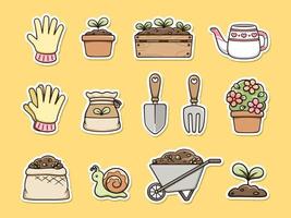 tuinieren clip art set. ingemaakt planten, tuin items en aanplant hulpmiddelen. schattig voorjaar zomer digitaal stickers tekenfilm illustratie. vector