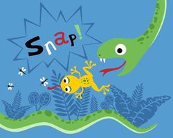 grappig vector tekenfilm van slang jacht- kikker, kikker jacht- mug Aan struik achtergrond