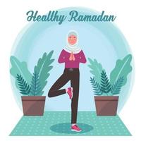 een jong moslim vrouw aan het doen yoga in de midden- van Ramadan maand naar houden gezond vector
