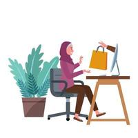 een vrouw met een hijab aan het doen online boodschappen doen transacties door een computer Aan een bureau vector